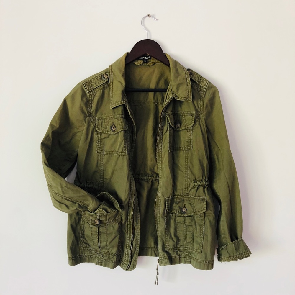 Olive Cargo Utility Jacket Zipper Front